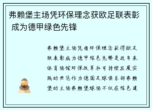 弗赖堡主场凭环保理念获欧足联表彰 成为德甲绿色先锋 弗赖堡主场凭环保理念获欧足联表彰 成为德甲绿色先锋